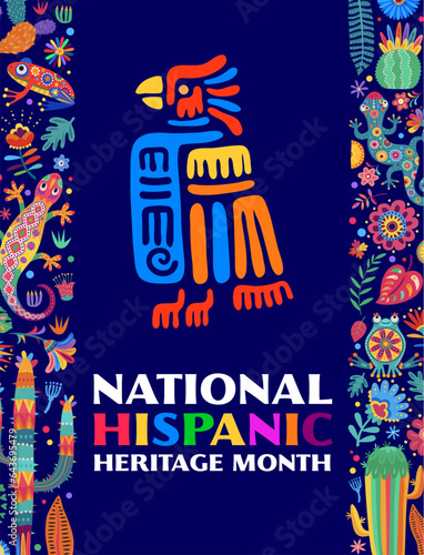National Hispanic Heritage Month festival flyer or poster with Mayan, Aztec totem. Mexican or Spanish festival banner, Latin America culture celebration vector invitation card with lizard, flowers