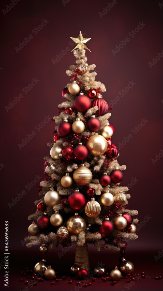 A beautifully decorated Christmas tree with red and gold ornaments