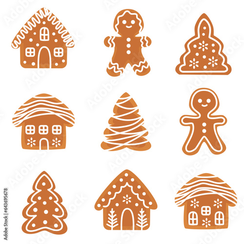 Set of flat vector new year illustration. Christmas gingerbread, Christmas trees, houses and people. . Vector illustration