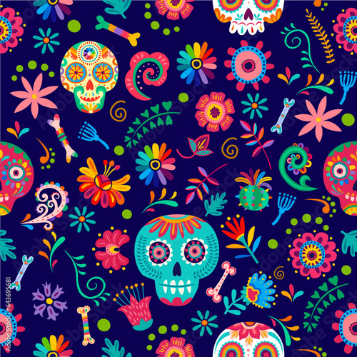 Dia de los muertos day of the dead seamless pattern with tropical flowers, calavera sugar skulls and bones. Vector repeated ornament in traditional alebrije style with calaca heads and floral elements