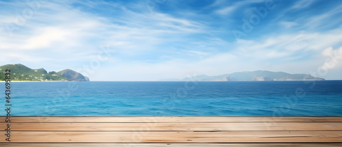 Wooden table on the background of the sea, island and the blue sky, Generative AI