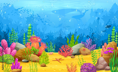 Cartoon underwater landscape, arcade game level map. Ocean animal and plant scene, ocean deep wildlife vector backdrop with coral and seaweed plants, whale, dolphin and fish shoal silhouettes