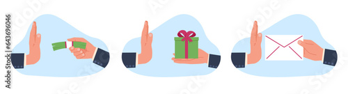 Concept of corruption and venality, hand of businessman refusing offered money and gifts. Businessman does not accept cash in envelope. Illegal profit. Vector cartoon flat illustration photo