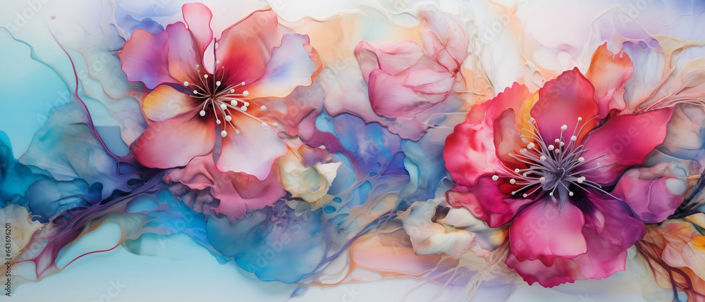Kolorowe kwiaty - piękne tło 3d, malowane farbami i atramentem alkoholowym. - obrazy, fototapety, plakaty 