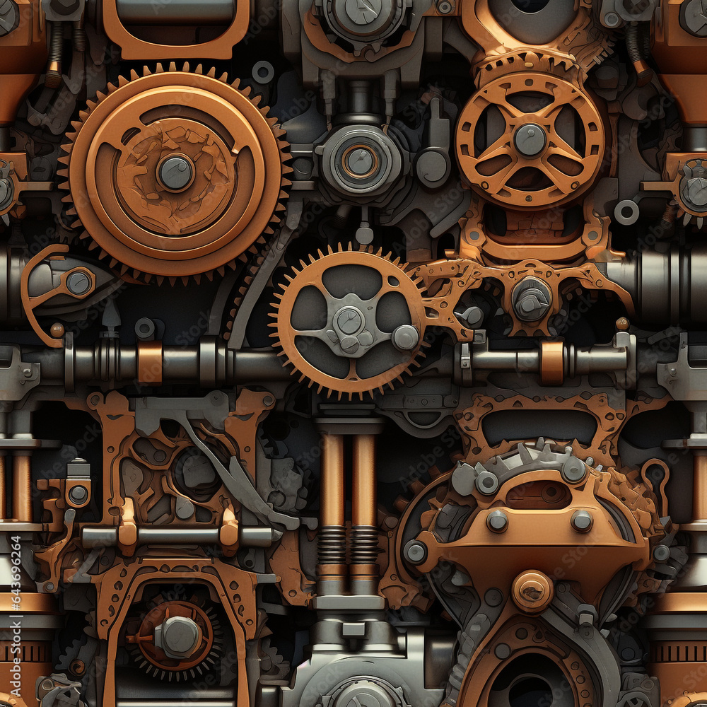 An illustration of a seamless tile pattern inside the mechanical engine. Mechanical details of working and moving parts. Gears and cogwheels. An illustration of a seamless tile pattern inside the mechanical engine. Mechanical details of working and moving parts. Gears and cogwheels.