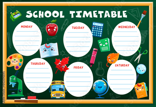 Education timetable schedule with cartoon school stationery characters on blackboard background. Vector student week time table, study plan or schedule with cute book, paint, brush and bus personages