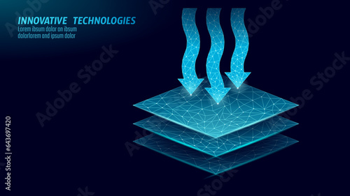 Low poly model breathable fabric technology. Blue wire mesh futuristic digital air flow soft material textile properties vector illustration