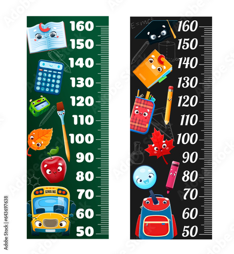 Kids height chart ruler with cartoon school stationery characters on blackboard background. Vector children growth measure scale wall sticker with cute school bus, book, pencil and notebook personages