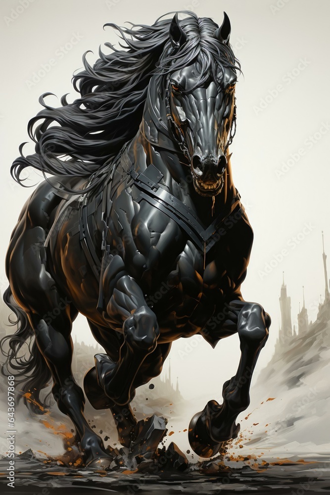 Fototapeta premium A black horse is running against a white background
