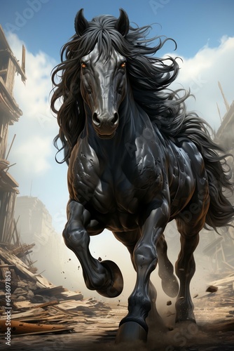 A black horse is running against a white background