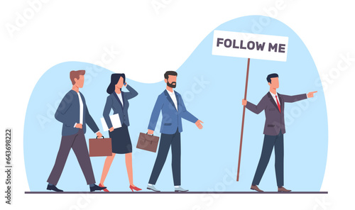 Concept of leadership, businessman or boss leads team to success. Successful manager pointing team direction. Corporate strategy to achieve goal. Cartoon flat isolated vector concept
