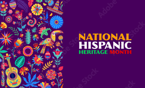 National Hispanic Heritage Month festival banner with tropical flowers, sombrero, guitar and toucan bird. Latin culture ethnic holiday banner, Hispanic Heritage Month celebration vector background