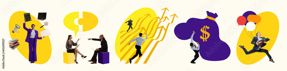 Business people working on professional growth, reaching financial success and promotion. Contemporary art collage. Concept of profession, business, office, career, achievements, success. Banner, ad Business people working on professional growth, reaching financial success and promotion. Contemporary art collage. Concept of profession, business, office, career, achievements, success. Banner, ad