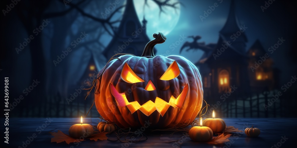 Dark Halloween night is illuminated by glowing pumpkin lanterns. Generative Ai. Dark Halloween night is illuminated by glowing pumpkin lanterns. Generative Ai.