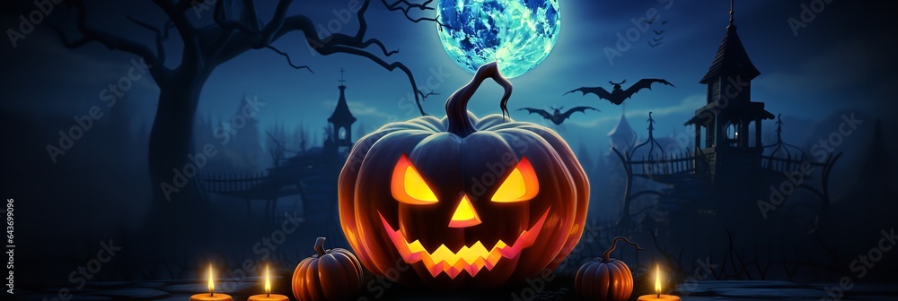 Dark Halloween night is illuminated by glowing pumpkin lanterns. Generative Ai. - obrazy, fototapety, plakaty 