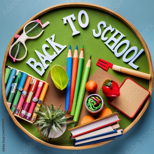 Top view of back to school inscription with colorful letters arranged with education supplies of pencils books and arranged on desk against vivid blue background