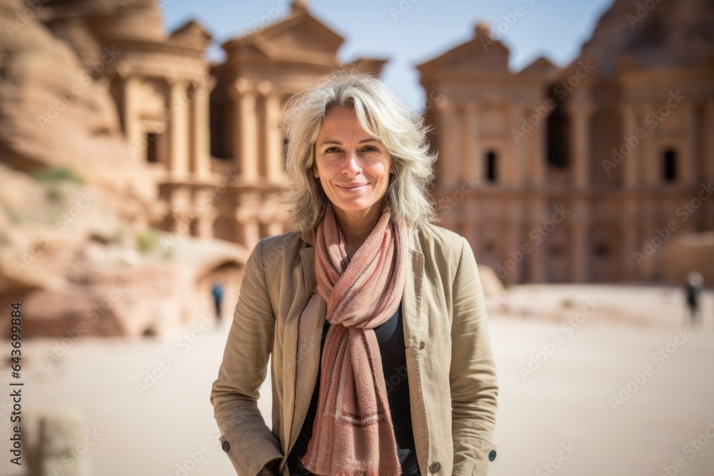 Close-up portrait photography of a cheerful mature woman wearing a stylish blazer at the petra in maan jordan. With generative AI technology