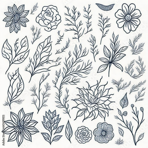 Hand drawng doodle designs on white paper. Floral doodles hand drawn icons, created with AI Generative technology photo