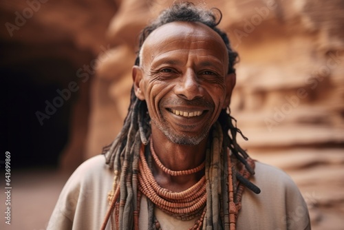 Close-up portrait photography of a blissful mature man wearing a dramatic choker necklace at the petra in maan jordan. With generative AI technology