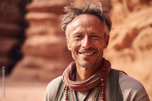 Close-up portrait photography of a blissful mature man wearing a dramatic choker necklace at the petra in maan jordan. With generative AI technology photo