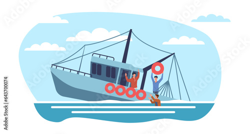 Fishing boat sinks in ocean, crew tries to escape. Catastrophe in sea, sinking water transport. Danger situation. Cartoon flat style isolated illustration. Vector damaged shallop concept
