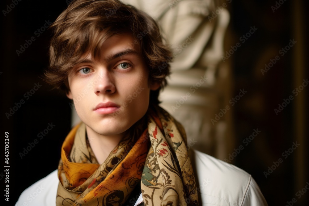 Headshot portrait photography of a glad boy in his 20s wearing a gorgeous silk scarf at the uffizi gallery in florence italy. With generative AI technology Headshot portrait photography of a glad boy in his 20s wearing a gorgeous silk scarf at the uffizi gallery in florence italy. With generative AI technology