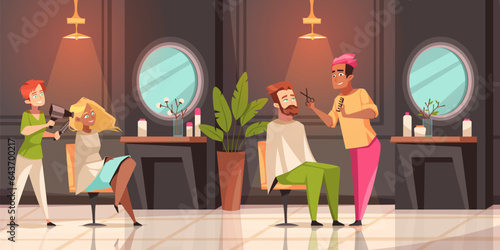 Happy people in barbershop. Cartoon visitors at hairdressers, cute man and woman sitting in beauty salon, professionals work. Barbers haircutting and making hairstyles tidy vector concept