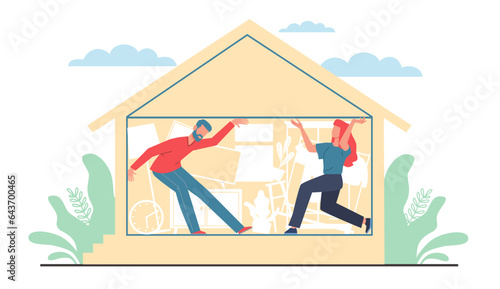 Male and female couple unhappy with size of their home, crammed into very small apartment. Frustrated man and woman in tiny house. Cartoon flat illustration. Vector real estate concept