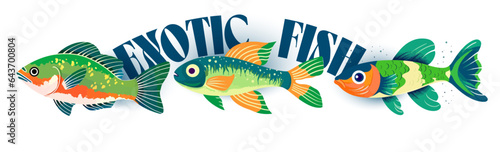 Cute exotic tropical fish swim. Set of colorful fish.   A bizarre fantastic marine aquatic animal.