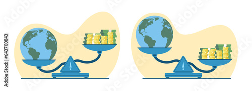 Money and planet Earth on scales. Stack of currency and globe balance. Defense of environment. Ecological symbol. Different weigh. Cartoon flat illustration. Vector measurement concept