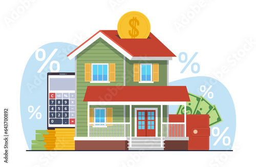 Mortgage loan concept, house with money, gold coins, calculator and wallet. Real estate. interest rate and and payment schedule, property purchase. Vector cartoon flat isolated illustration