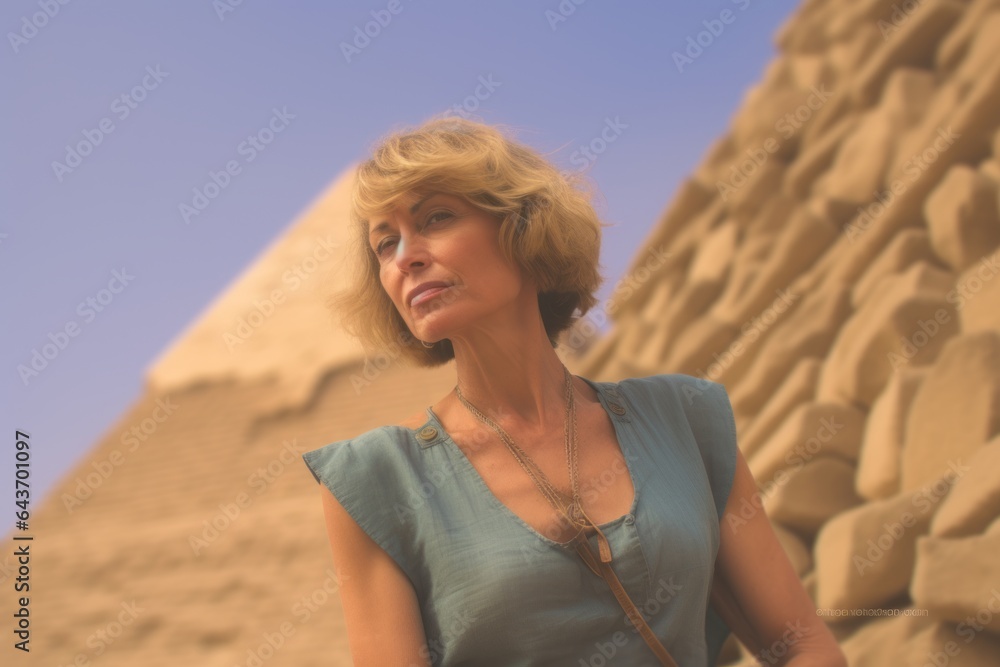 Lifestyle portrait photography of a glad mature woman wearing a fashionable tube top at the pyramids of giza egypt. With generative AI technology Lifestyle portrait photography of a glad mature woman wearing a fashionable tube top at the pyramids of giza egypt. With generative AI technology