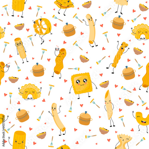 Seamless pattern with dough products. Funny italian food characters, comic spaghetti, rigati and fettuccine. Decor textile, wrapping paper, wallpaper. Print for kitchen fabric. Vector concept