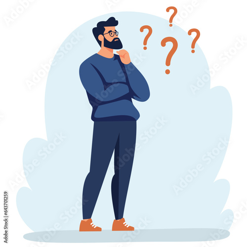 Flat vector illustration. Man standing in a pensive pose. The concept of searching for the solution of the problem . Vector illustration