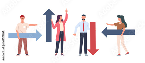 Set of men and women with large arrows in their hands showing different directions. Navigation symbol. Business people together, various way. Cartoon flat style isolated vector concept