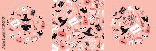 Halloween witch pink set and seamless pattern. Vector childish illustration of magic elements in simple cartoon hand-drawn style. Round frame. The limited palette is ideal for printing