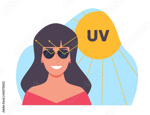 Sunglasses on woman protect her eyes from ultraviolet, UVA UVB light. Happy woman in black glasses with uv protection. Polarized lenses. Cartoon flat style isolated vector concept