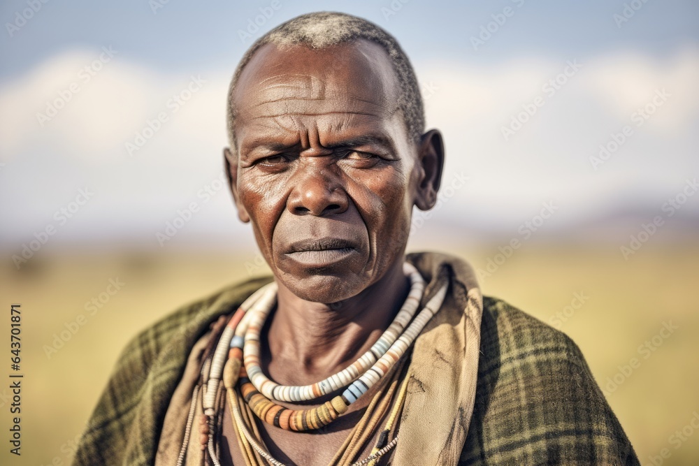 Medium shot portrait photography of a content mature man wearing a chic pearl necklace at the serengeti national park tanzania. With generative AI technology Medium shot portrait photography of a content mature man wearing a chic pearl necklace at the serengeti national park tanzania. With generative AI technology