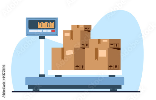 Weighing cardboard boxes with load on floor electronic scale. Warehouse equipment for measurement, delivery storage and shipping. Cartoon flat style isolated illustration. Vector concept