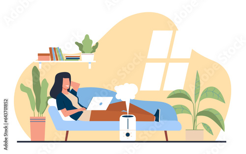 Woman enjoys fresh moist air in her home thanks to an ultrasonic humidifier. Living room interior with plants, girl working on laptop on sofa. Cartoon flat style isolated vector concept