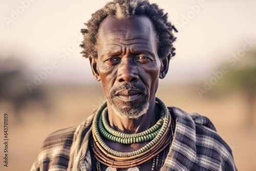 Medium shot portrait photography of a content mature man wearing a chic pearl necklace at the serengeti national park tanzania. With generative AI technology © Markus Schröder