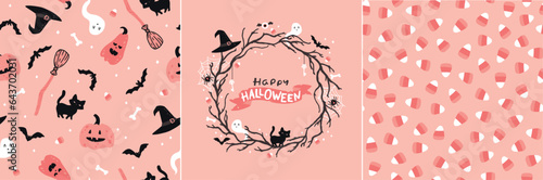 Halloween witch pink set and seamless pattern. Vector childish illustration of magic elements in simple cartoon hand-drawn style. Round frame. The limited palette is ideal for printing.