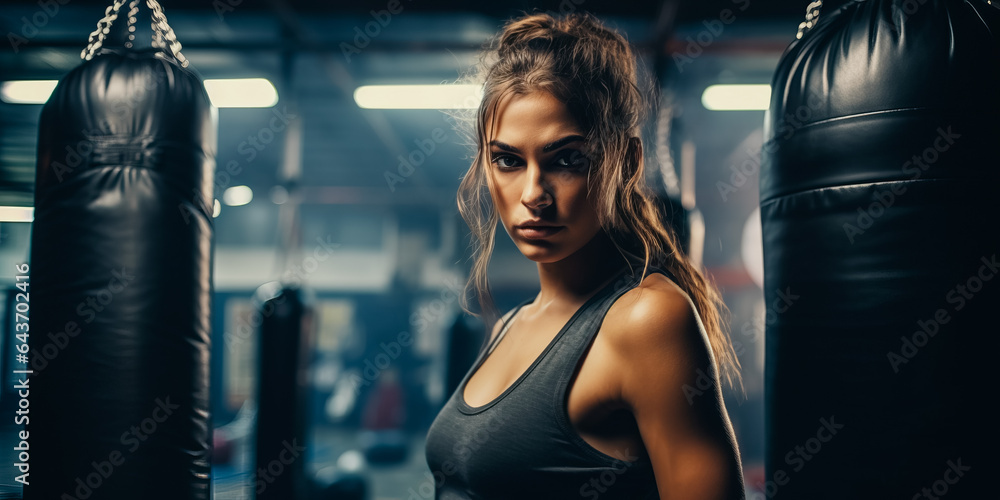 Confident woman posing near punching bags in gymnasium