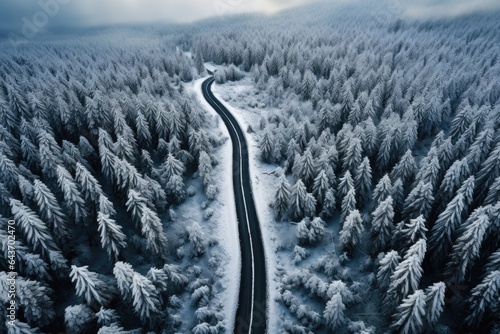 Curvy windy road in snow covered forest, top down aerial view © Hugo
