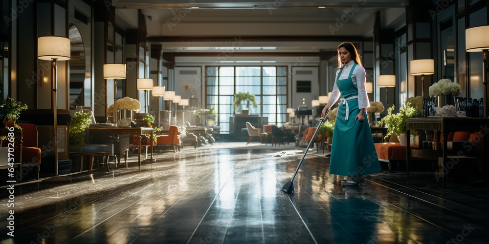 Maid mopping hotel lobby floor