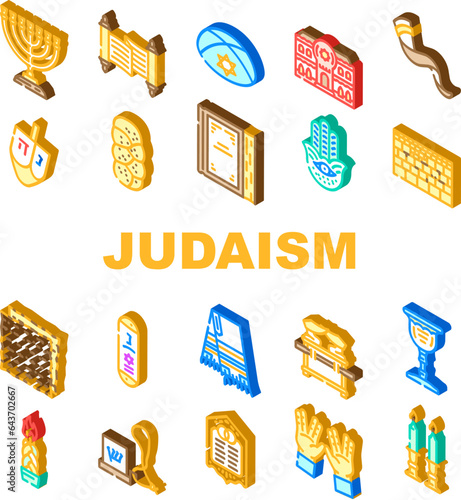 judaism religion jewish icons set vector. jew israel, synagogue hanukkah, star hanuka, people, israeli hebrew, holocaust judaism religion jewish isometric sign illustrations