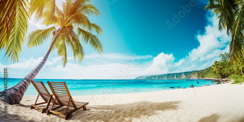 Perfect beach view. Summer holiday and vacation design. Inspirational tropical beach, palm trees and white sand