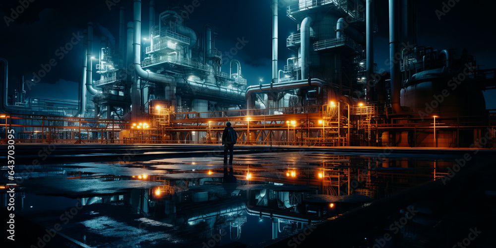 Workers at underground gas storage plant in night