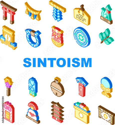 shinto japan shrine travel icons set vector. temple worship, asia architecture, religion religious, faith sintoism, japanese shinto japan shrine travel isometric sign illustrations