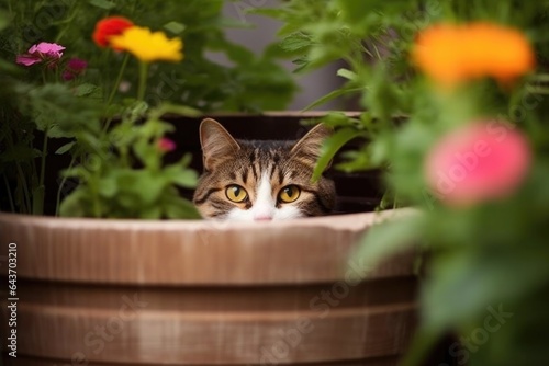 cat hiding behind flower pot, ready to ambush bird photo